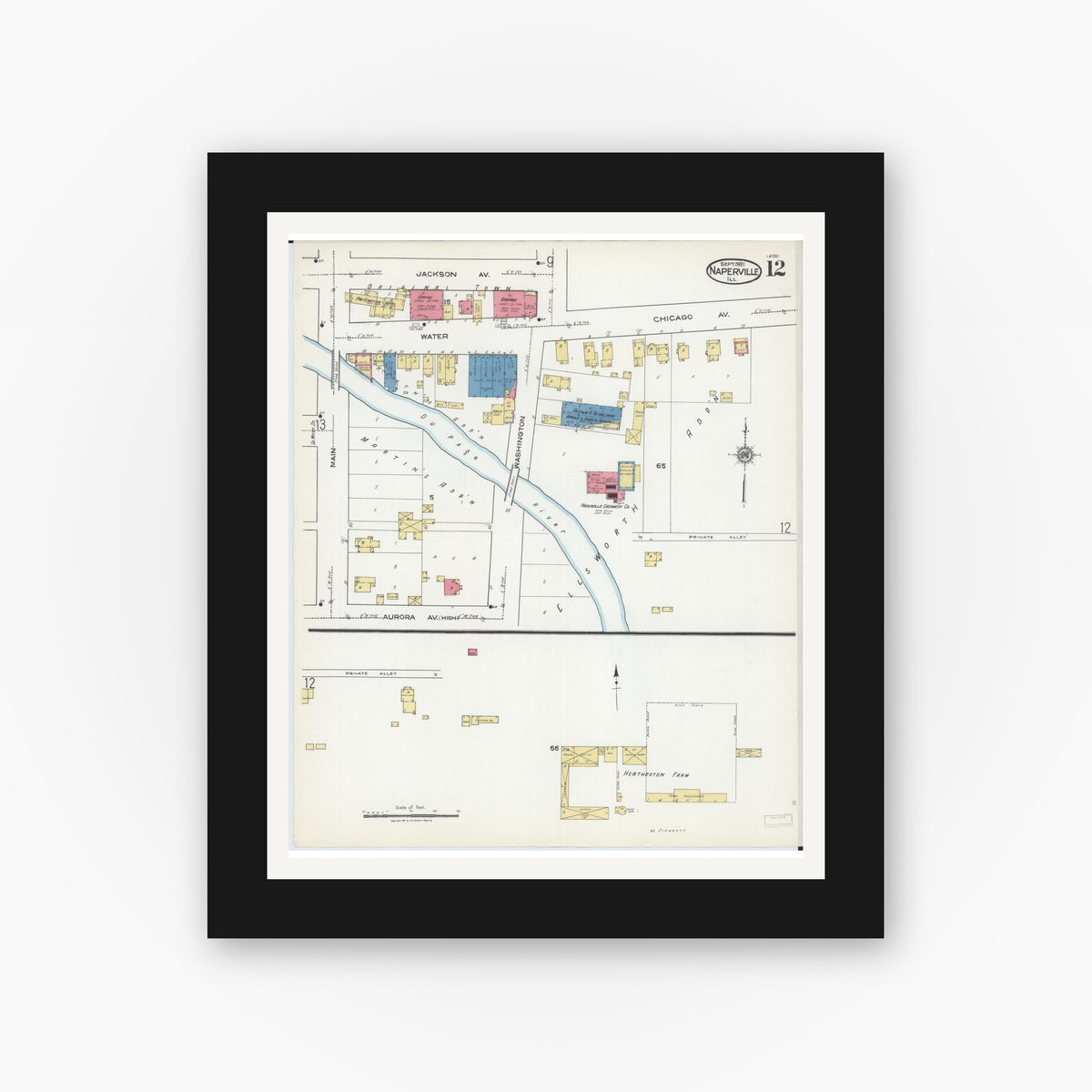 Old map wall art mockup — black gallery frame with white mat — Sanborn Fire Insurance Map from Naperville, Du Page County, Illinois (1921), Sheet #0012