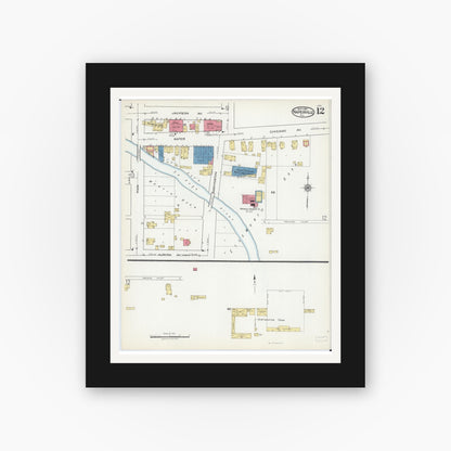 Old map wall art mockup — black gallery frame with white mat — Sanborn Fire Insurance Map from Naperville, Du Page County, Illinois (1921), Sheet #0012