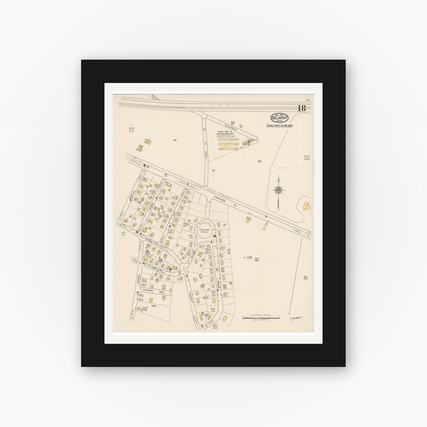 Old map wall art mockup — black gallery frame with white mat — Sanborn Fire Insurance Map from Belmont, Middlesex County, Massachusetts (1922), Sheet #0018