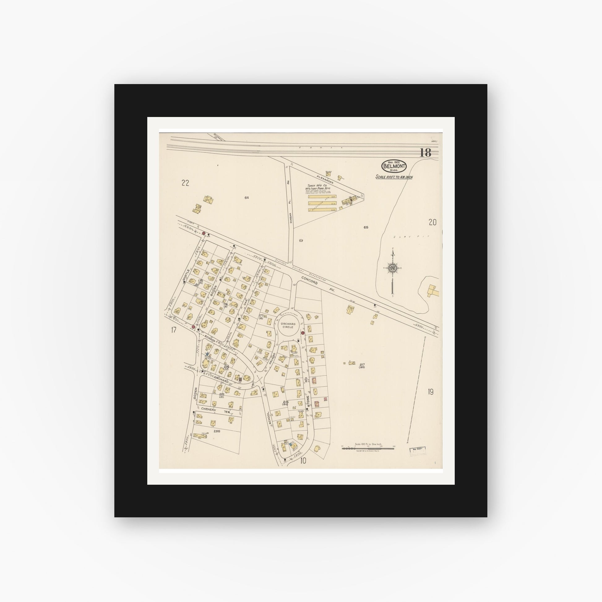 Old map wall art mockup — black gallery frame with white mat — Sanborn Fire Insurance Map from Belmont, Middlesex County, Massachusetts (1922), Sheet #0018