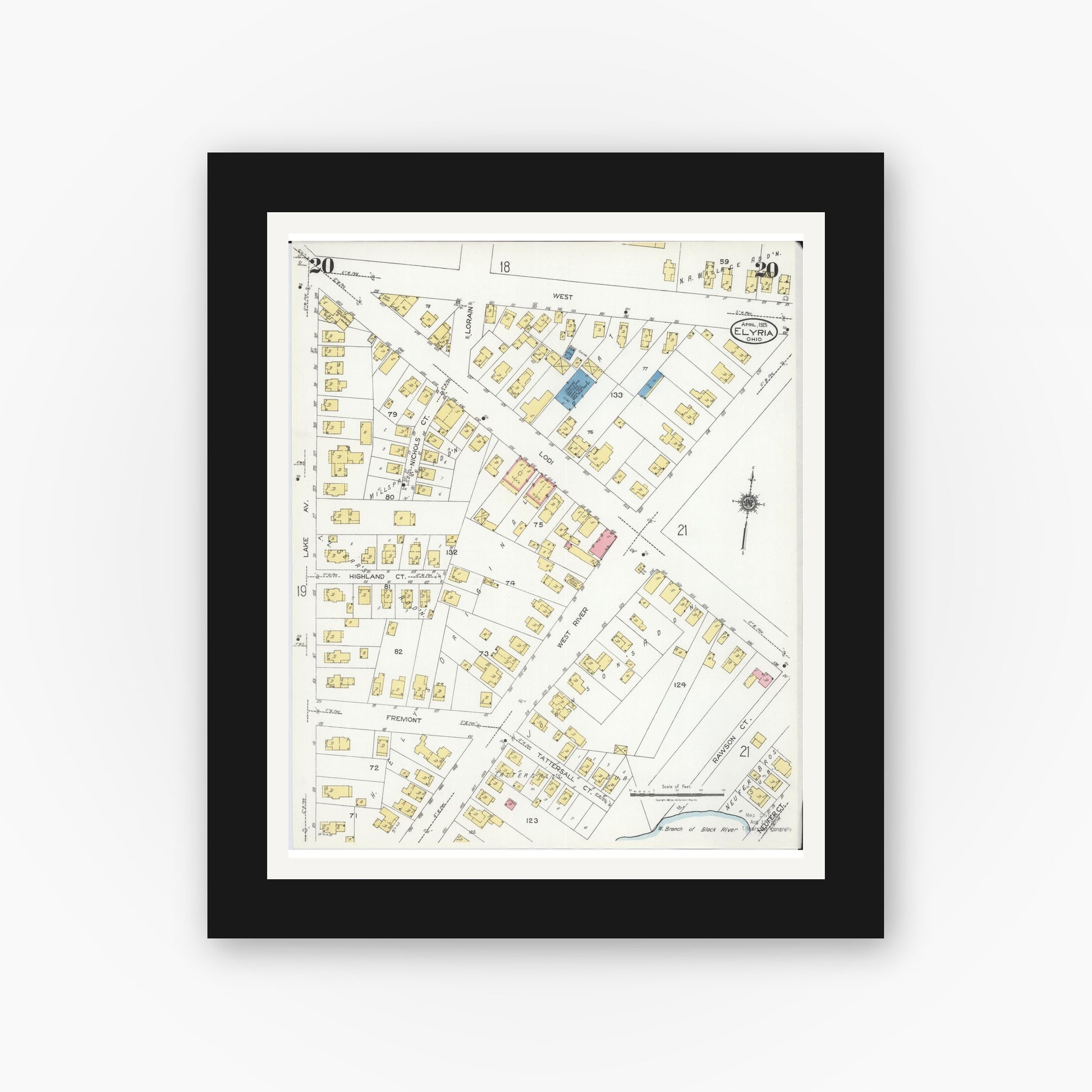 Old map wall art mockup — black gallery frame with white mat — Sanborn Fire Insurance Map from Elyria, Lorain County, Ohio (1925), Sheet #0020