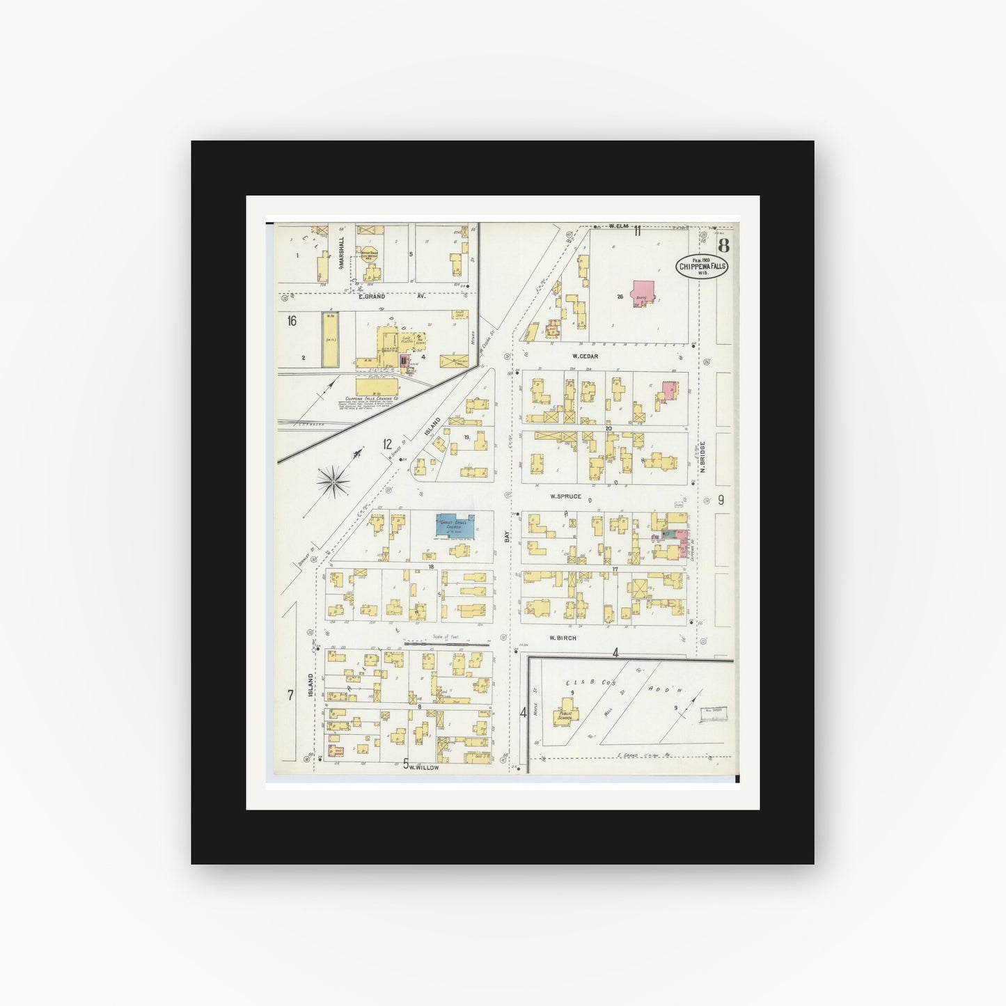 Old map wall art mockup — black gallery frame with white mat — Sanborn Fire Insurance Map from Chippewa Falls, Chippewa County, Wisconsin (1903), Sheet #0008