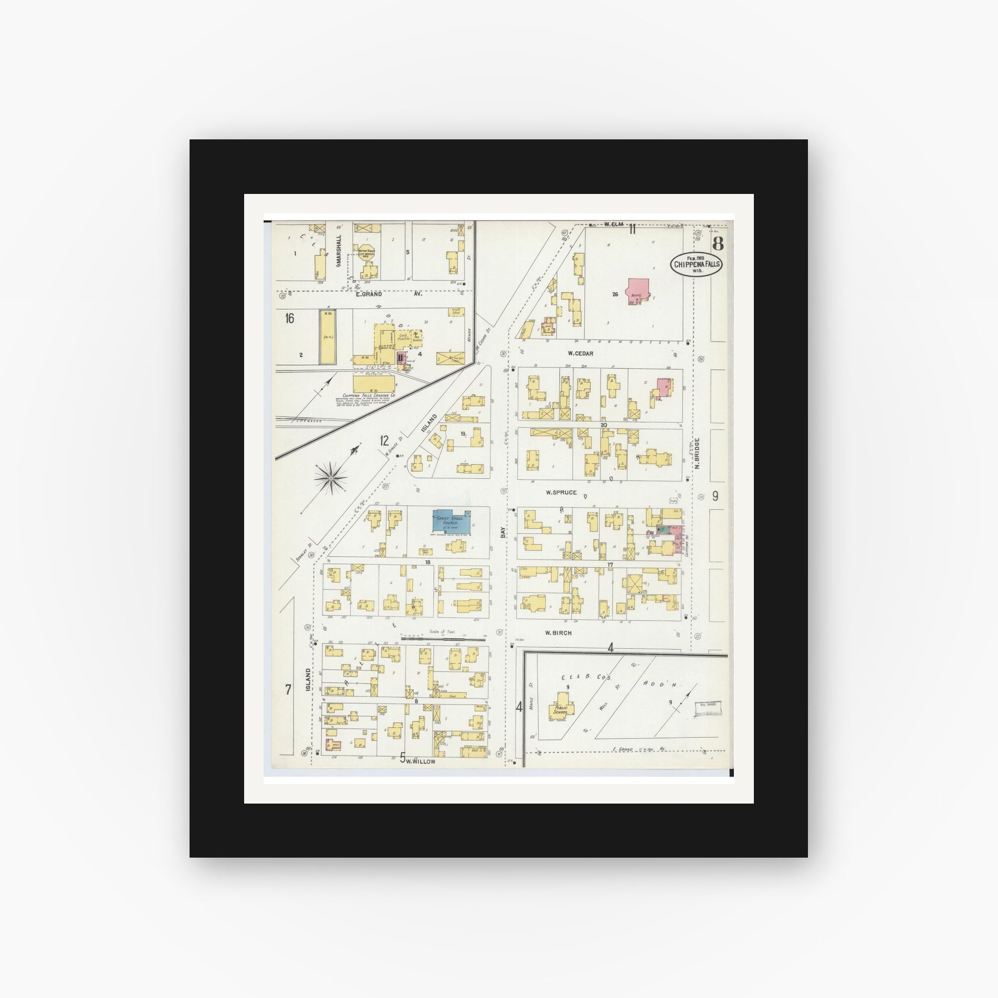 Old map wall art mockup — black gallery frame with white mat — Sanborn Fire Insurance Map from Chippewa Falls, Chippewa County, Wisconsin (1903), Sheet #0008