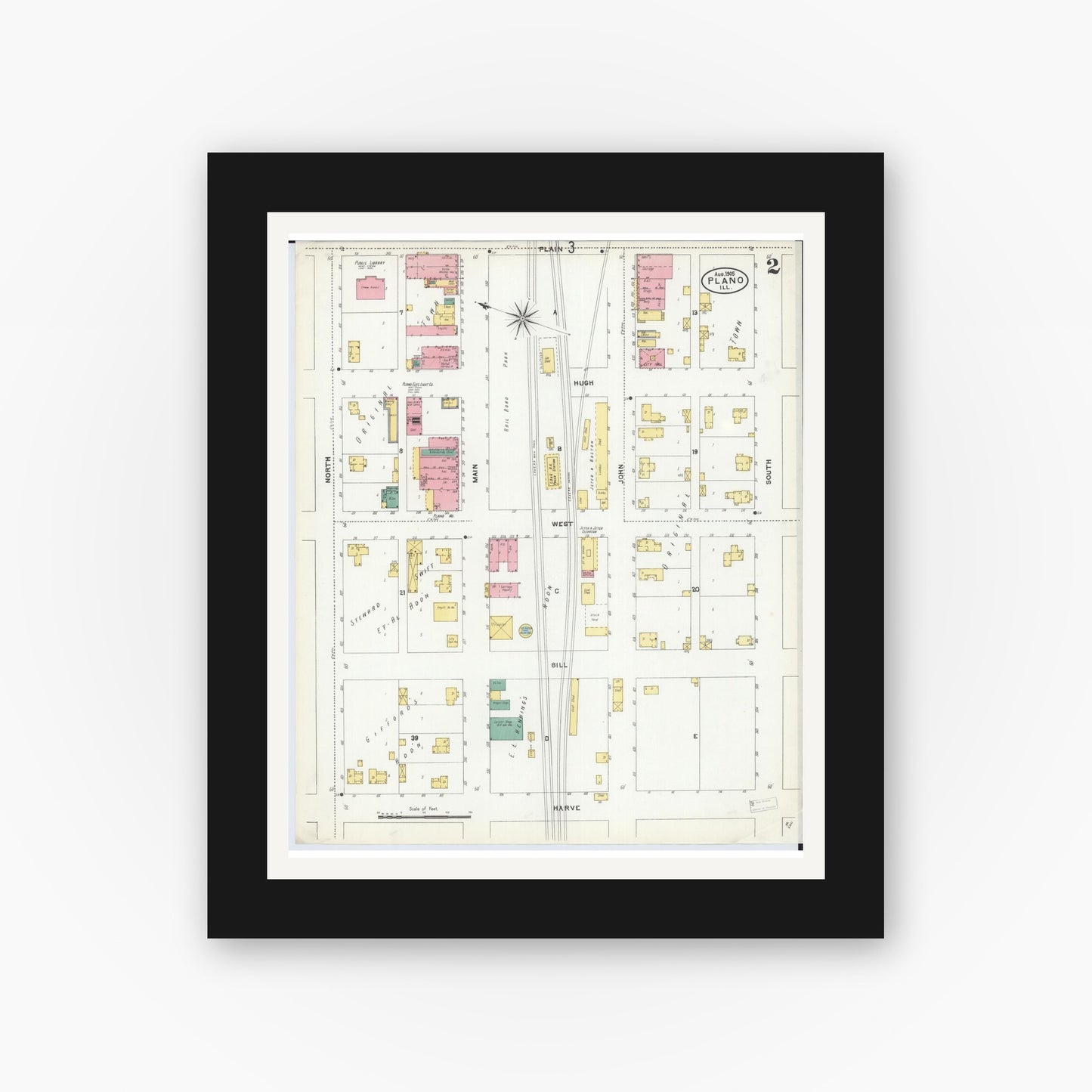 Old map wall art mockup — black gallery frame with white mat — Sanborn Fire Insurance Map from Plano, Kendall County, Illinois (1905), Sheet #0002