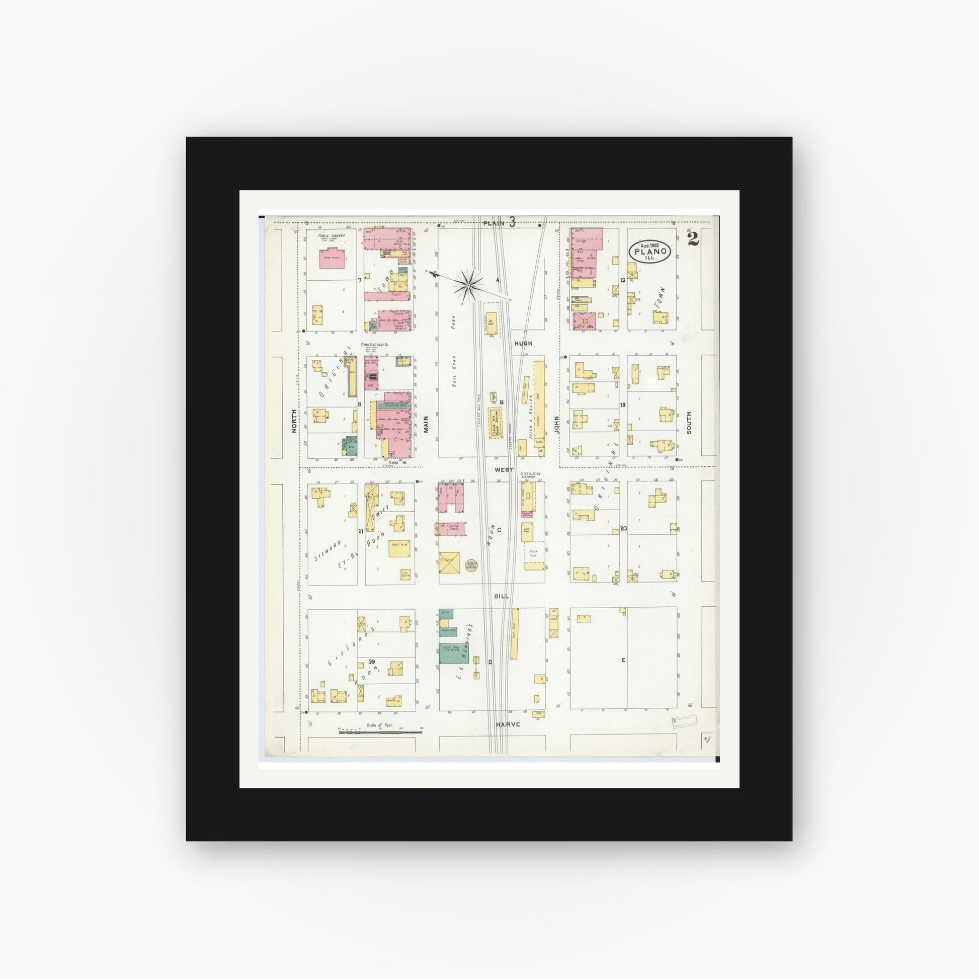 Old map wall art mockup — black gallery frame with white mat — Sanborn Fire Insurance Map from Plano, Kendall County, Illinois (1905), Sheet #0002