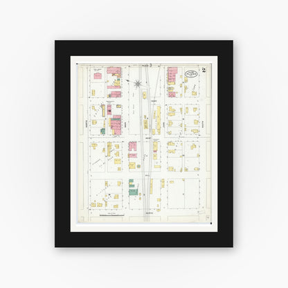 Old map wall art mockup — black gallery frame with white mat — Sanborn Fire Insurance Map from Plano, Kendall County, Illinois (1905), Sheet #0002