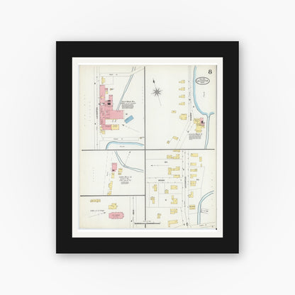 Old map wall art mockup — black gallery frame with white mat — Sanborn Fire Insurance Map from Leicester, Worcester County, Massachusetts (1904), Sheet #0008