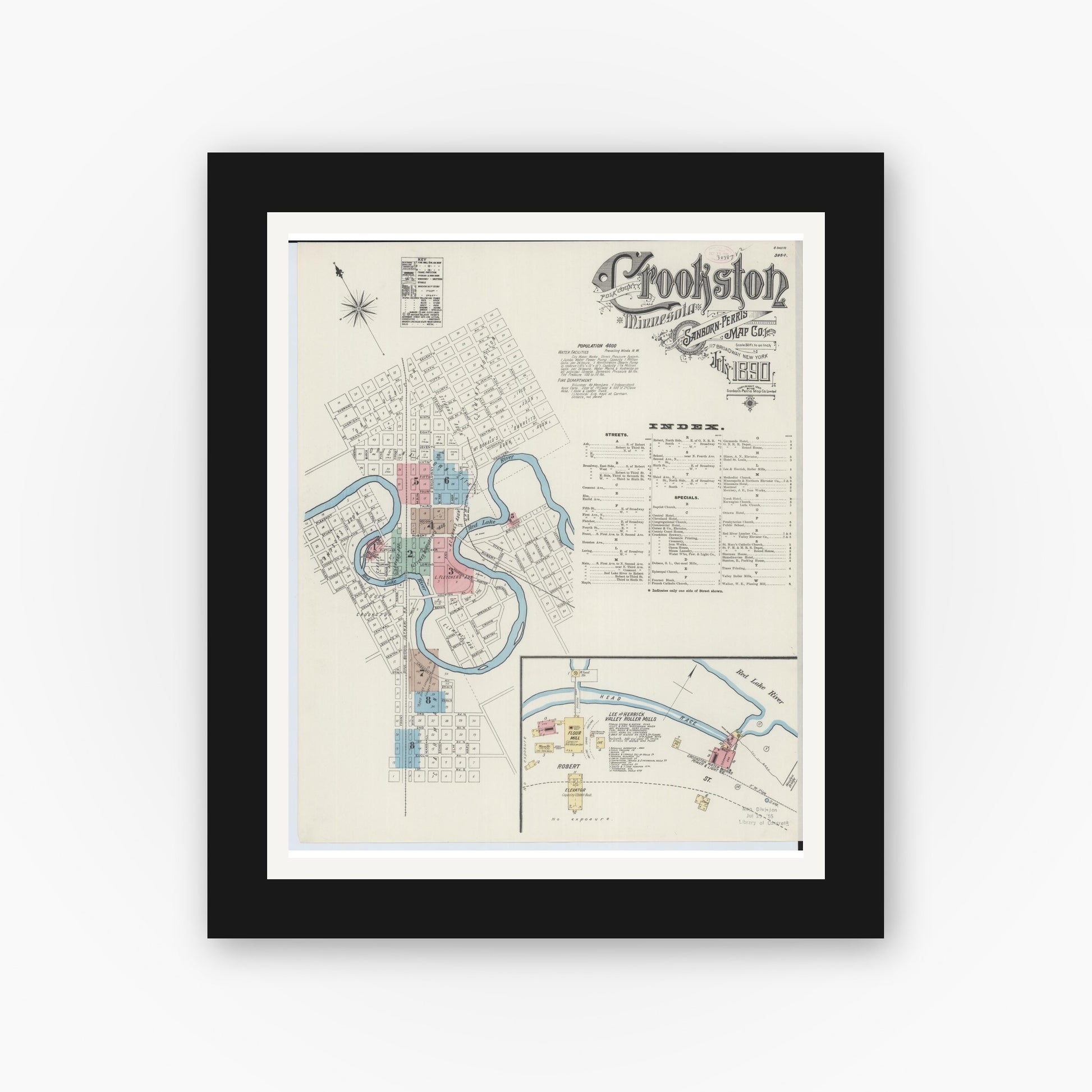 Old map wall art mockup — black gallery frame with white mat — Sanborn Fire Insurance Map from Crookston, Polk County, Minnesota (1890) - Complete Map Set