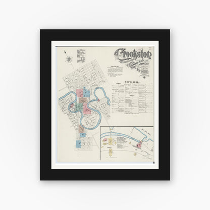 Old map wall art mockup — black gallery frame with white mat — Sanborn Fire Insurance Map from Crookston, Polk County, Minnesota (1890) - Complete Map Set