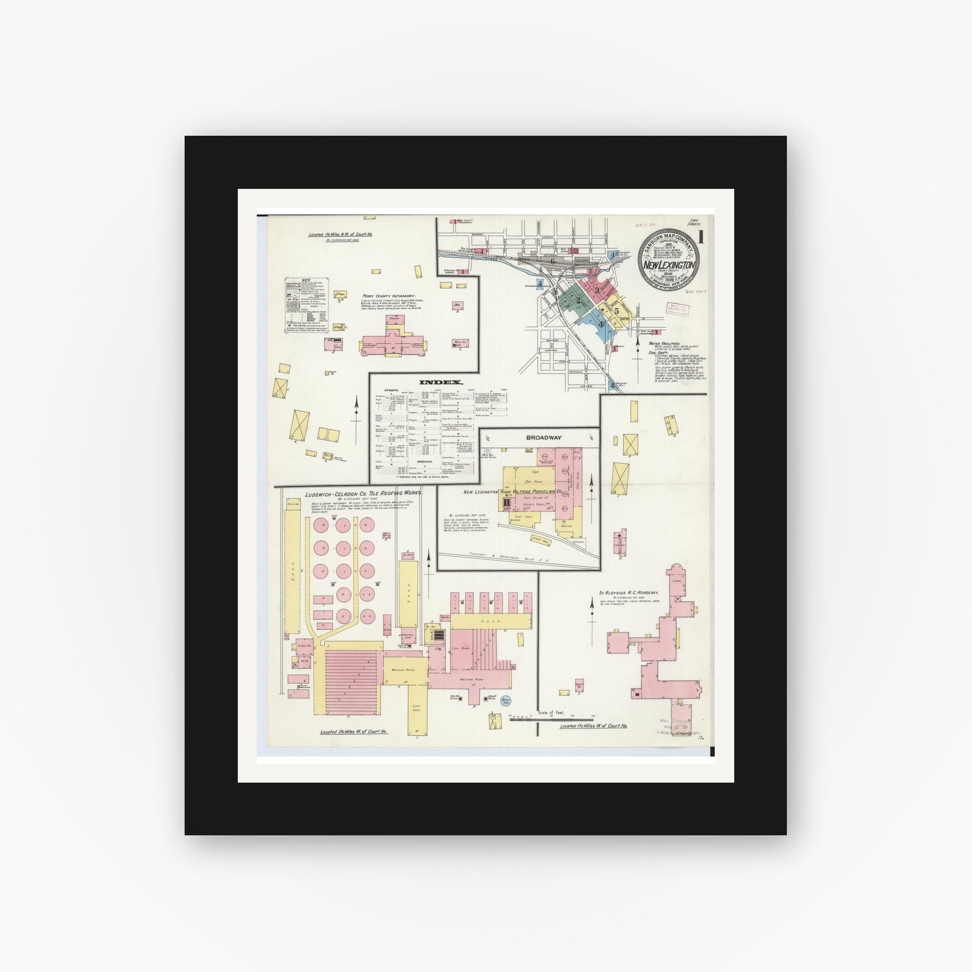 Old map wall art mockup — black gallery frame with white mat — Sanborn Fire Insurance Map from New Lexington, Perry County, Ohio (1909), Sheet #0001