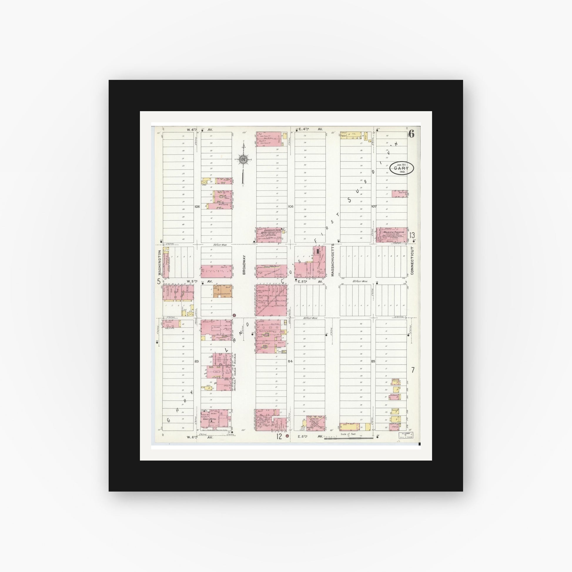 Old map wall art mockup — black gallery frame with white mat — Sanborn Fire Insurance Map from Gary, Lake County, Indiana (1911), Sheet #0006