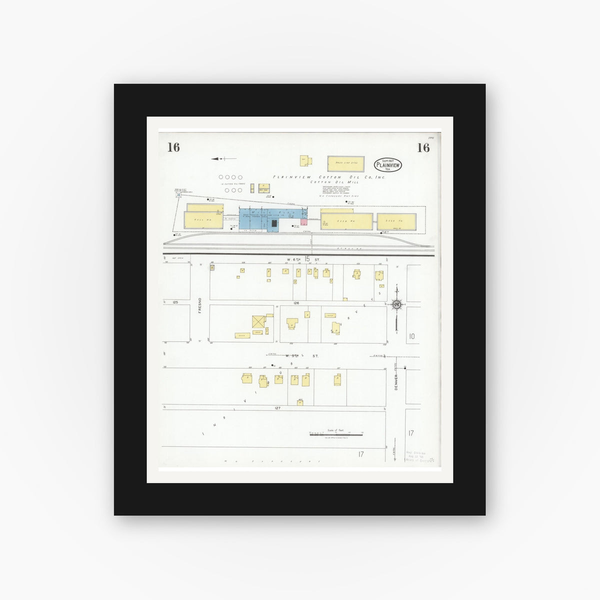 Old map wall art mockup — black gallery frame with white mat — Sanborn Fire Insurance Map from Plainview, Hale County, Texas (1927), Sheet #0016