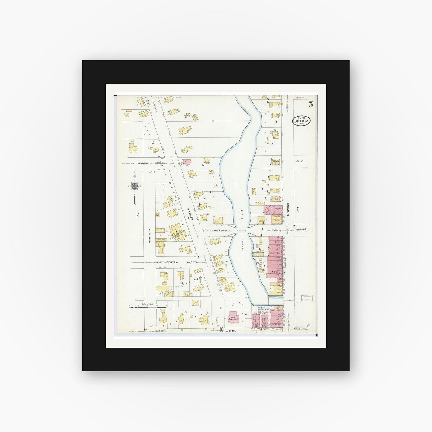 Old map wall art mockup — black gallery frame with white mat — Sanborn Fire Insurance Map from Sparta, Monroe County, Wisconsin (1911), Sheet #0005