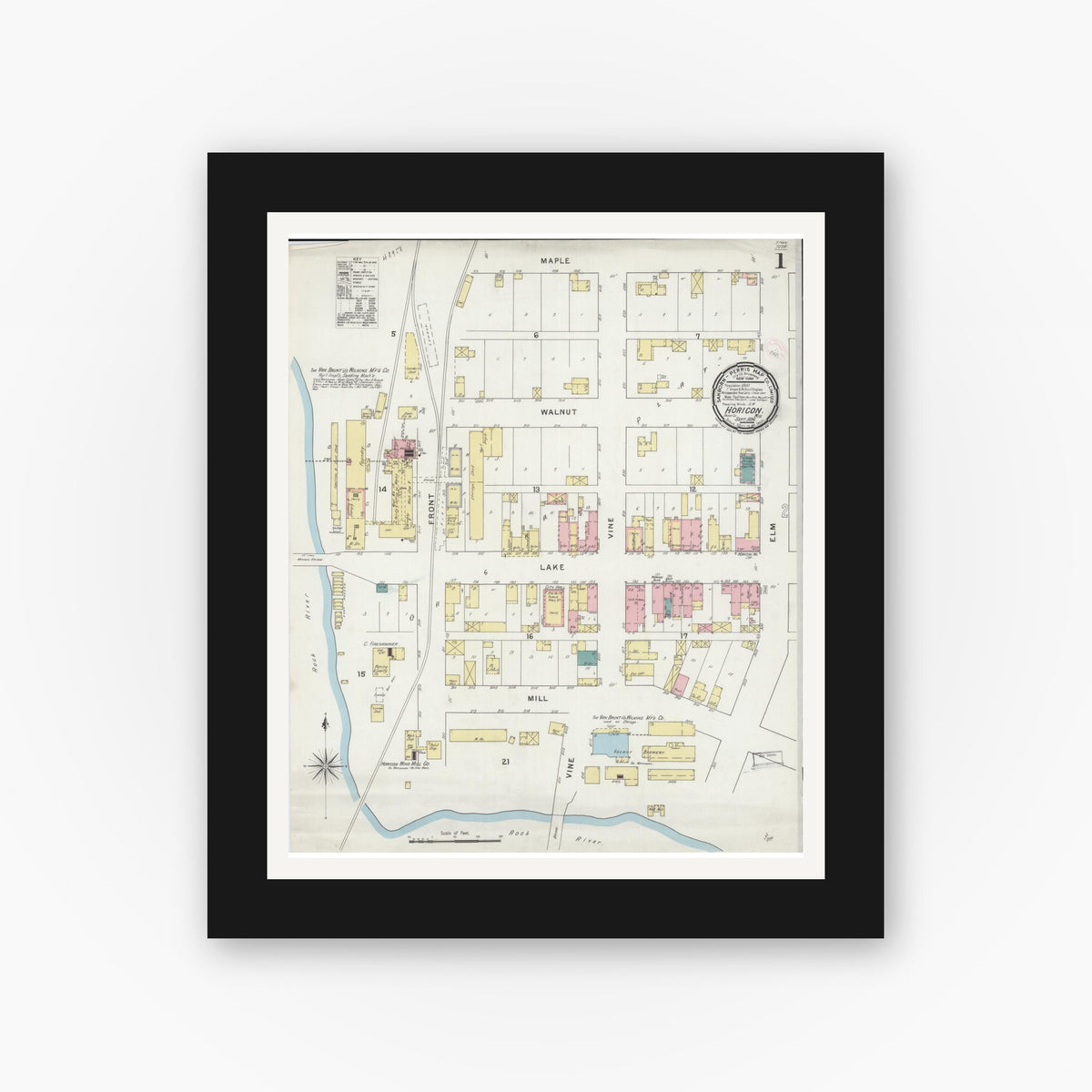 Old map wall art mockup — black gallery frame with white mat — Sanborn Fire Insurance Map from Horicon, Dodge County, Wisconsin (1894), Sheet #0001