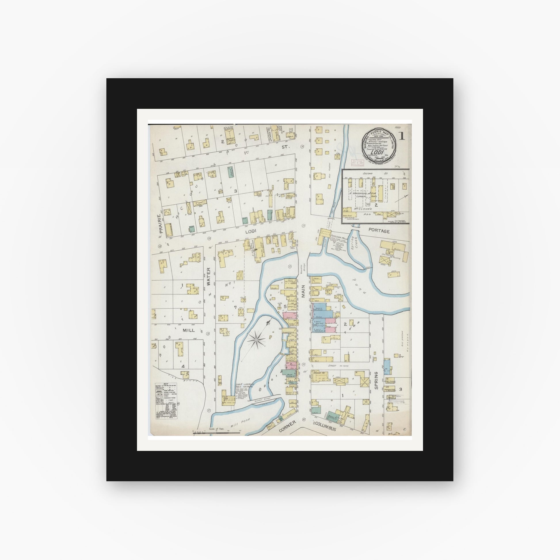 Old map wall art mockup — black gallery frame with white mat — Sanborn Fire Insurance Map from Lodi, Columbia County, Wisconsin (1892), Sheet #0001
