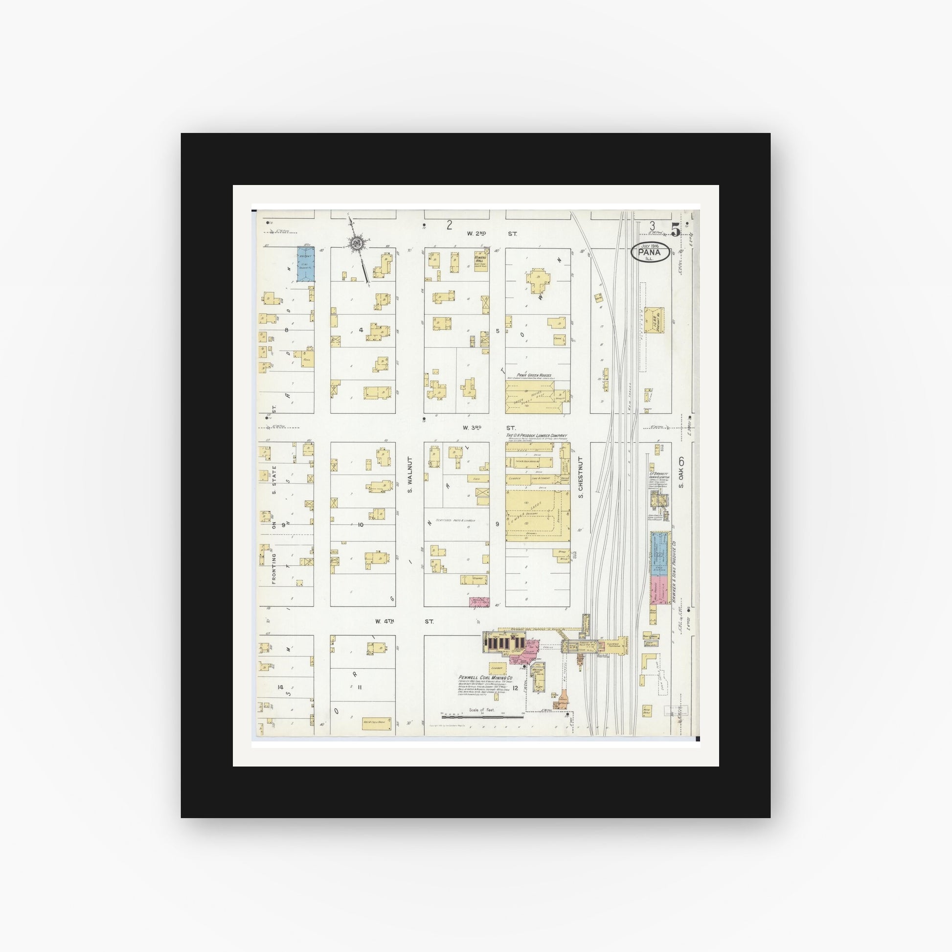 Old map wall art mockup — black gallery frame with white mat — Sanborn Fire Insurance Map from Pana, Christian County, Illinois (1916), Sheet #0005