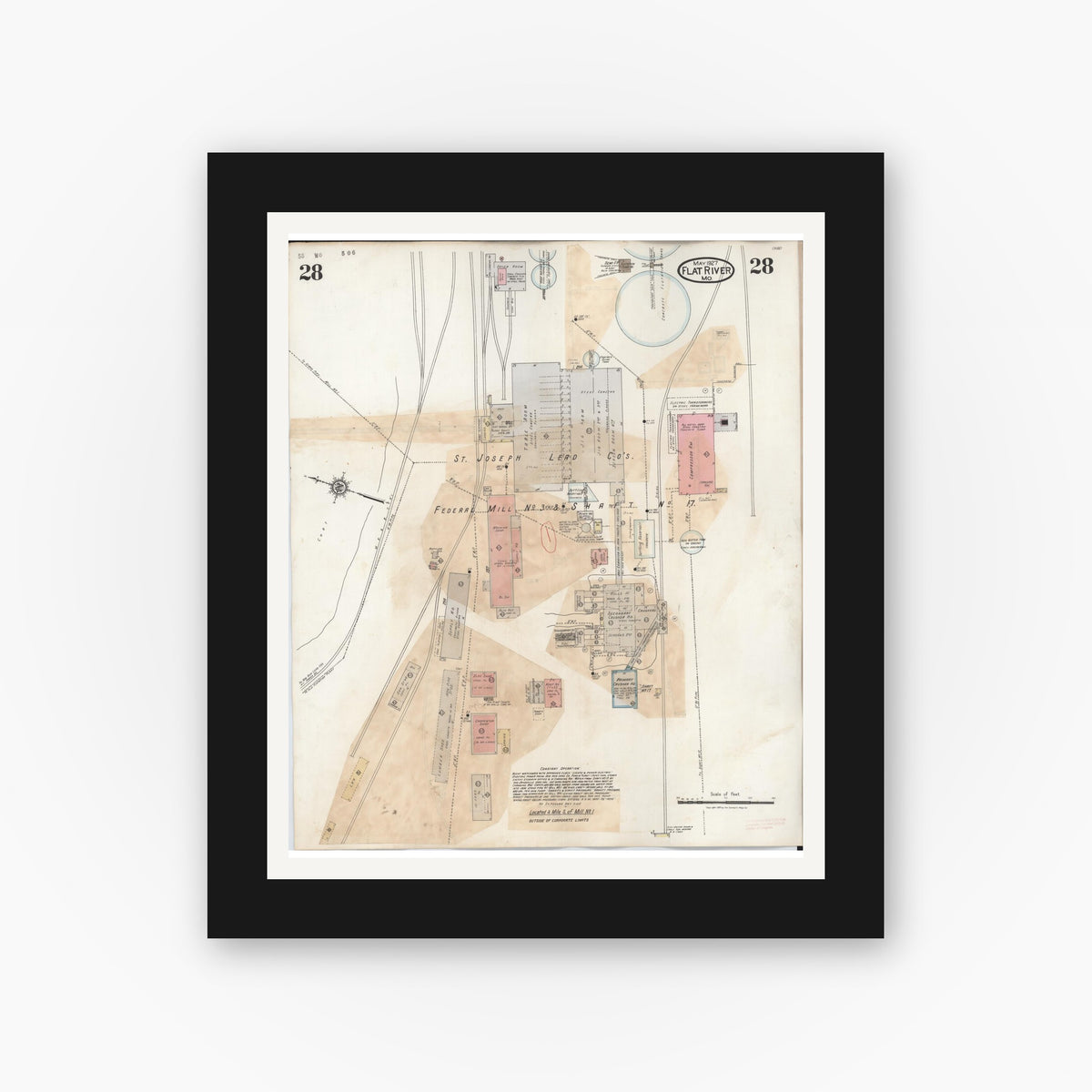 Old map wall art mockup — black gallery frame with white mat — Sanborn Fire Insurance Map from Flat River, Saint Francois County, Missouri (1938), Sheet #0028