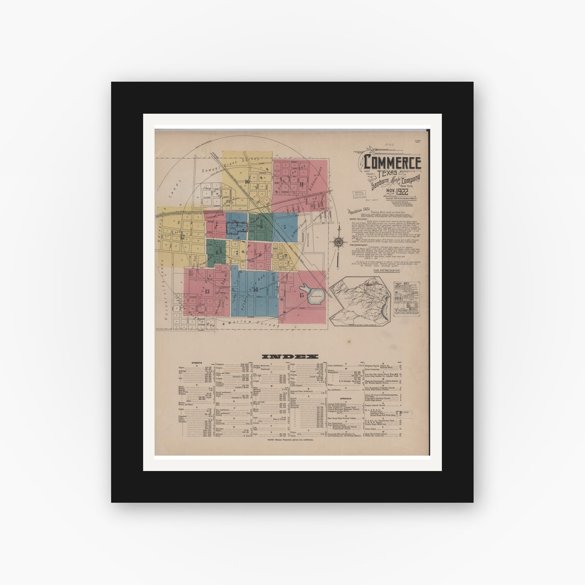 Old map wall art mockup — black gallery frame with white mat — Sanborn Fire Insurance Map from Commerce, Hunt County, Texas (1922) - Complete Map Set