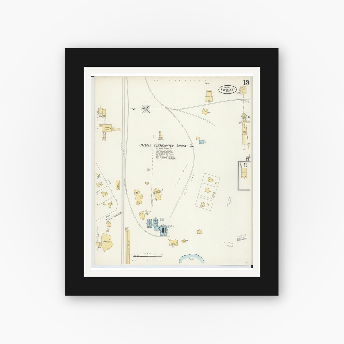 Old map wall art mockup — black gallery frame with white mat — Sanborn Fire Insurance Map from Red Jacket, Houghton County, Michigan (1897), Sheet #0013