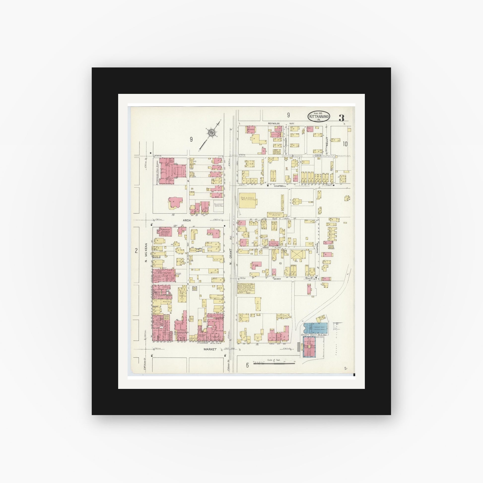 Old map wall art mockup — black gallery frame with white mat — Sanborn Fire Insurance Map from Kittanning, Armstrong County, Pennsylvania (1913), Sheet #0003