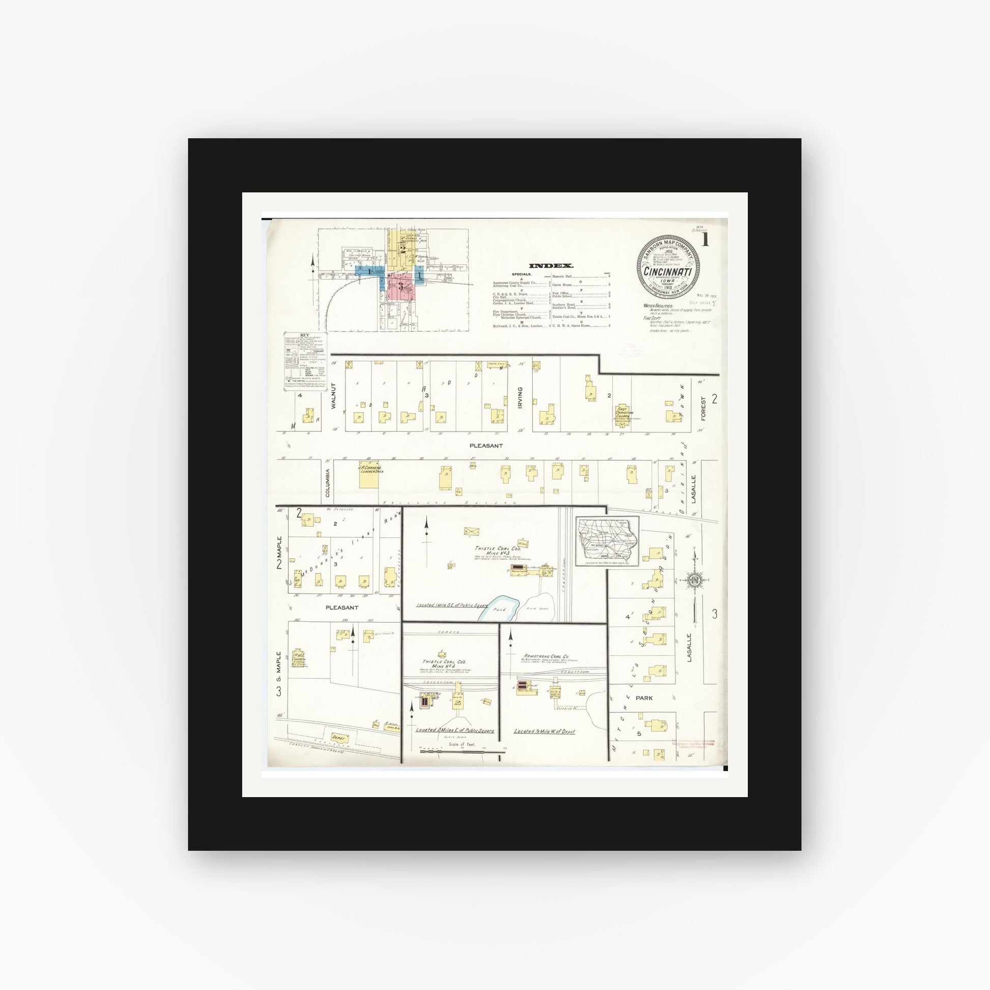 Old map wall art mockup — black gallery frame with white mat — Sanborn Fire Insurance Map from Cincinnati, Appanoose County, Iowa (1913), Sheet #0001