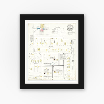 Old map wall art mockup — black gallery frame with white mat — Sanborn Fire Insurance Map from Cincinnati, Appanoose County, Iowa (1913), Sheet #0001