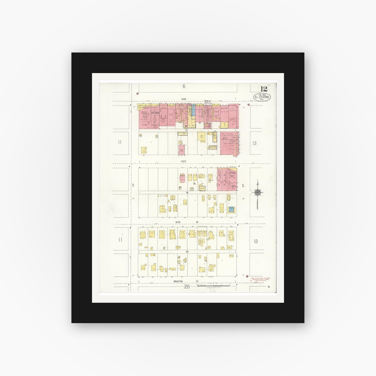 Old map wall art mockup — black gallery frame with white mat — Sanborn Fire Insurance Map from El Centro, Imperial County, California (1922), Sheet #0012