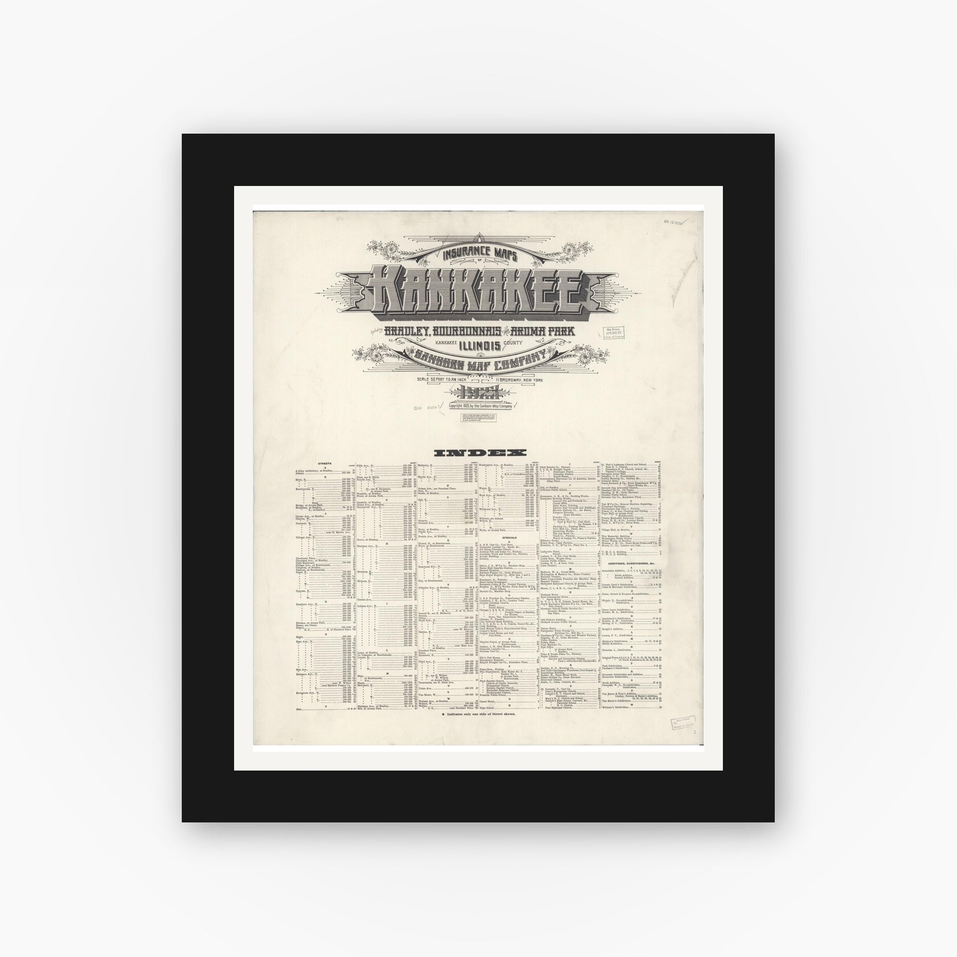 Old map wall art mockup — black gallery frame with white mat — Sanborn Fire Insurance Map from Kankakee, Kankakee County, Illinois (1925), Sheet #0001