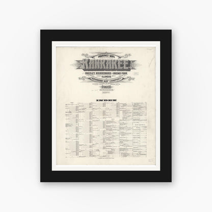 Old map wall art mockup — black gallery frame with white mat — Sanborn Fire Insurance Map from Kankakee, Kankakee County, Illinois (1925), Sheet #0001