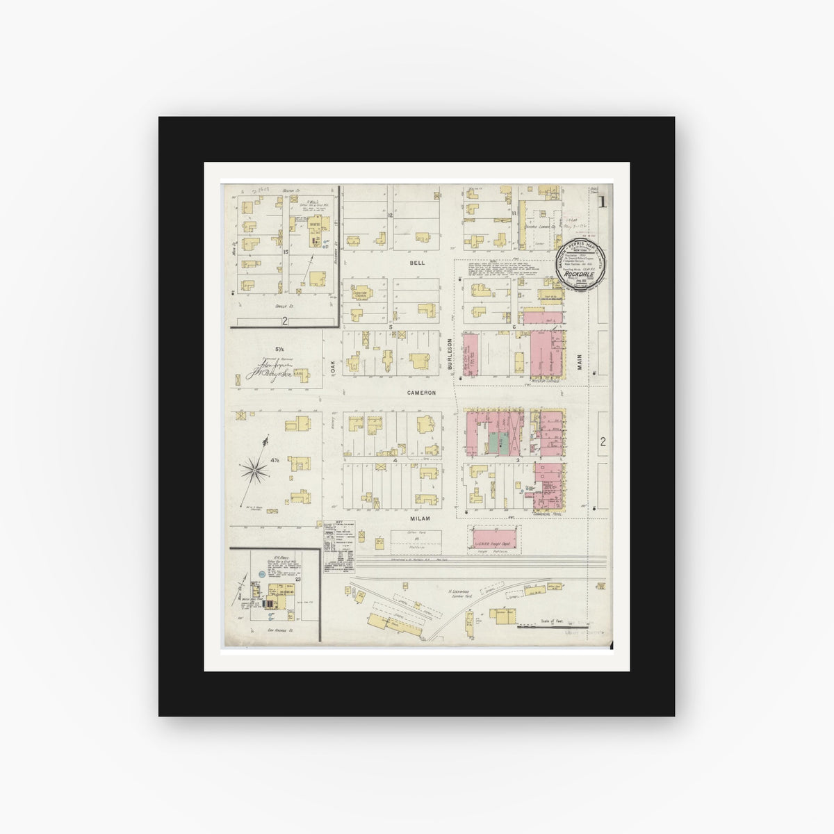 Old map wall art mockup — black gallery frame with white mat — Sanborn Fire Insurance Map from Rockdale, Milam County, Texas (1896), Sheet #0001