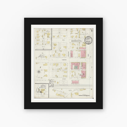 Old map wall art mockup — black gallery frame with white mat — Sanborn Fire Insurance Map from Rockdale, Milam County, Texas (1896), Sheet #0001