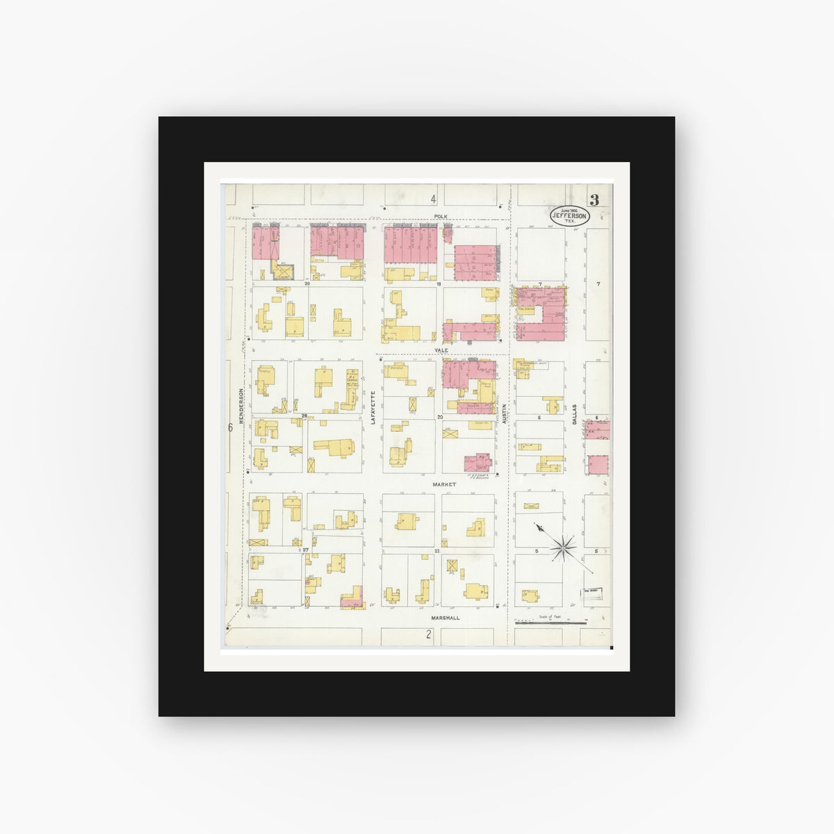 Old map wall art mockup — black gallery frame with white mat — Sanborn Fire Insurance Map from Jefferson, Marion County, Texas (1906), Sheet #0003
