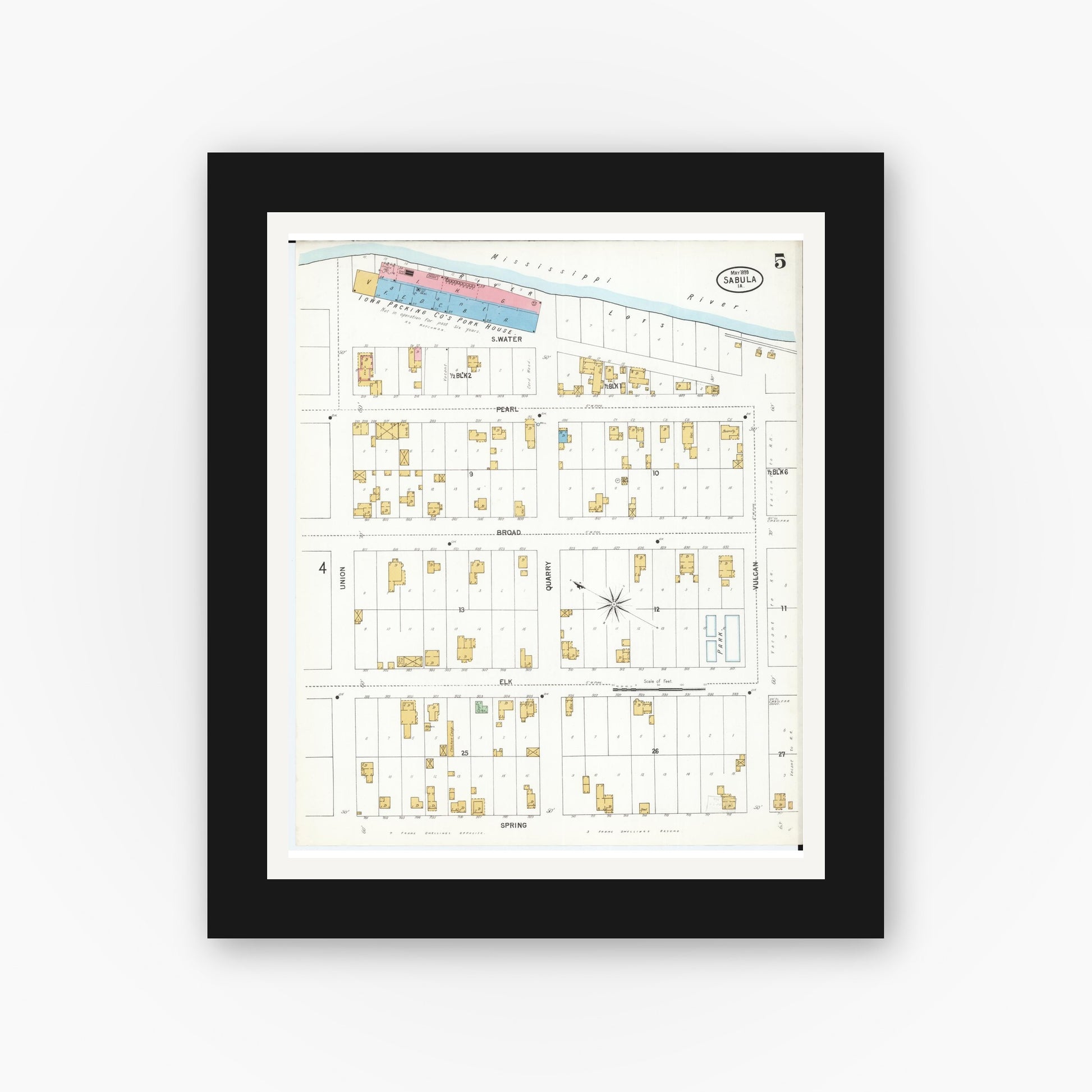 Old map wall art mockup — black gallery frame with white mat — Sanborn Fire Insurance Map from Sabula, Jackson County, Iowa (1899), Sheet #0005