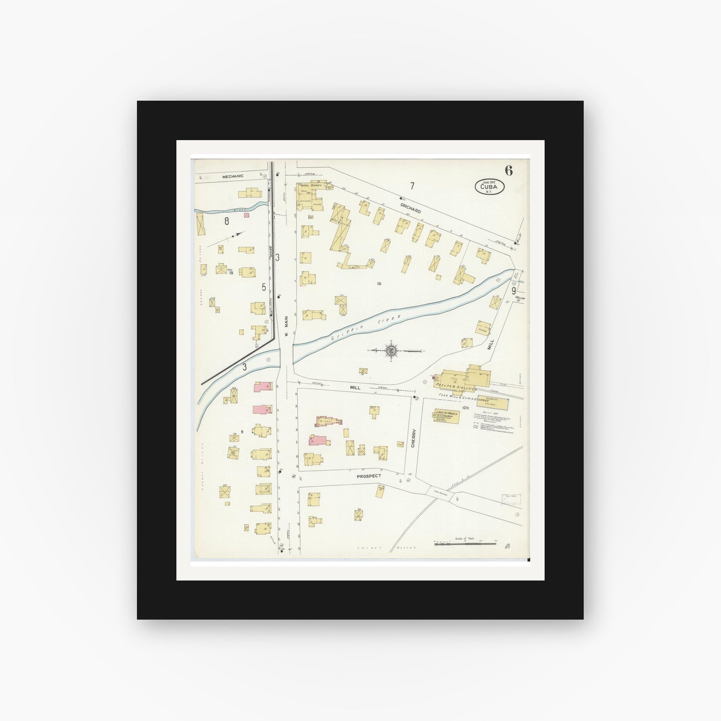 Old map wall art mockup — black gallery frame with white mat — Sanborn Fire Insurance Map from Cuba, Allegany County, New York (1912), Sheet #0006