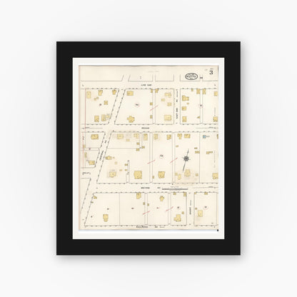 Old map wall art mockup — black gallery frame with white mat — Sanborn Fire Insurance Map from Hutto, Williamson County, Texas (1937), Sheet #0003