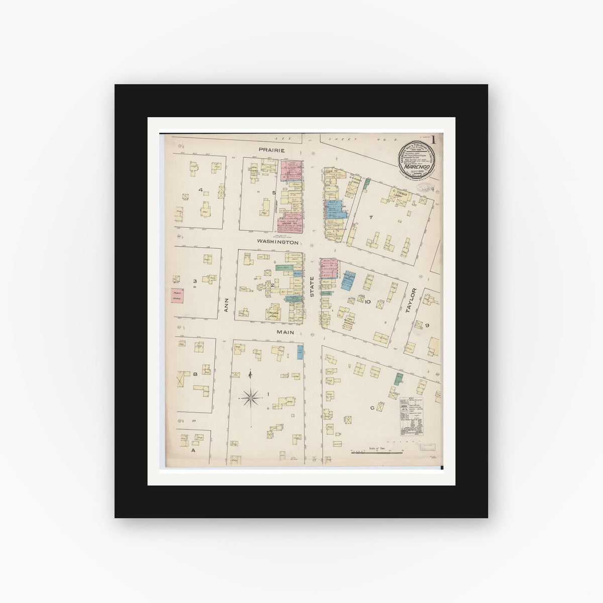 Old map wall art mockup — black gallery frame with white mat — Sanborn Fire Insurance Map from Marengo, McHenry County, Illinois (1885) - Complete Map Set