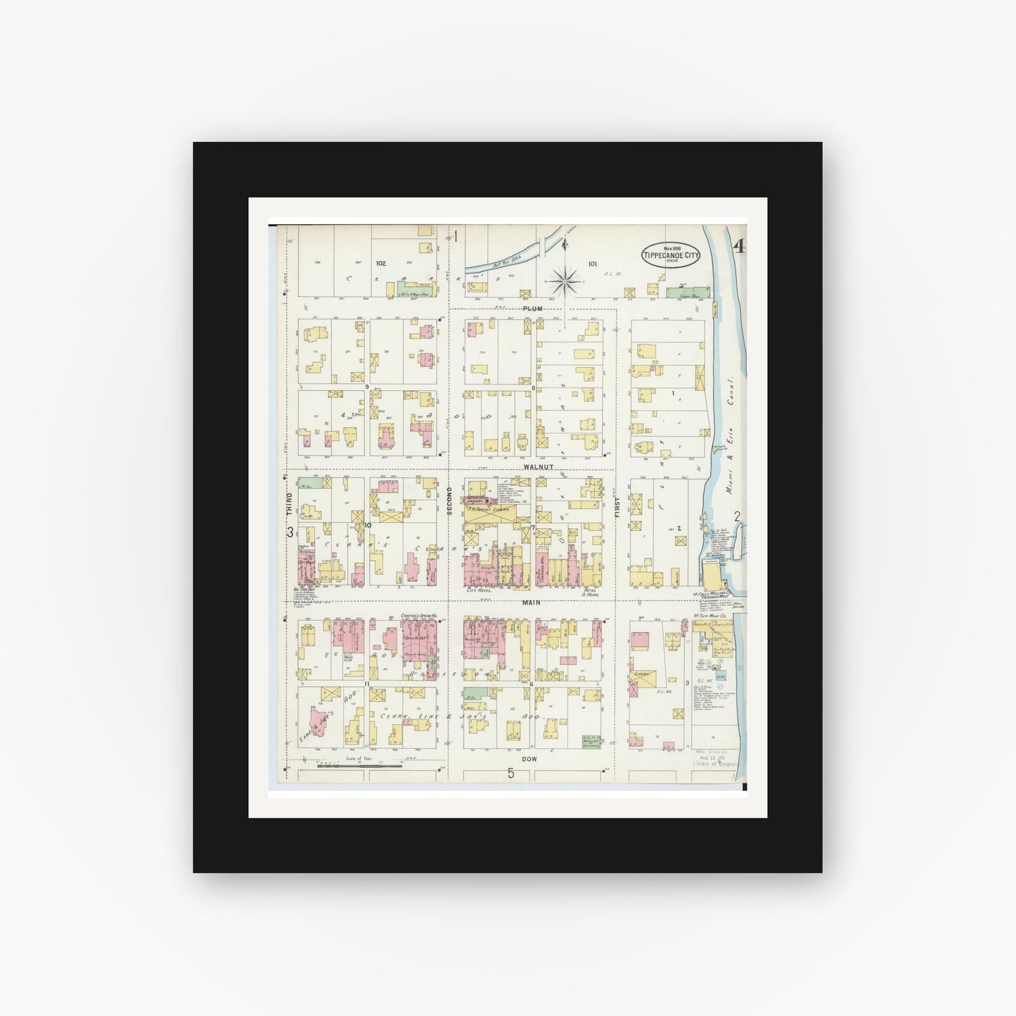 Old map wall art mockup — black gallery frame with white mat — Sanborn Fire Insurance Map from Tipp City, Miami County, Ohio (1898), Sheet #0004