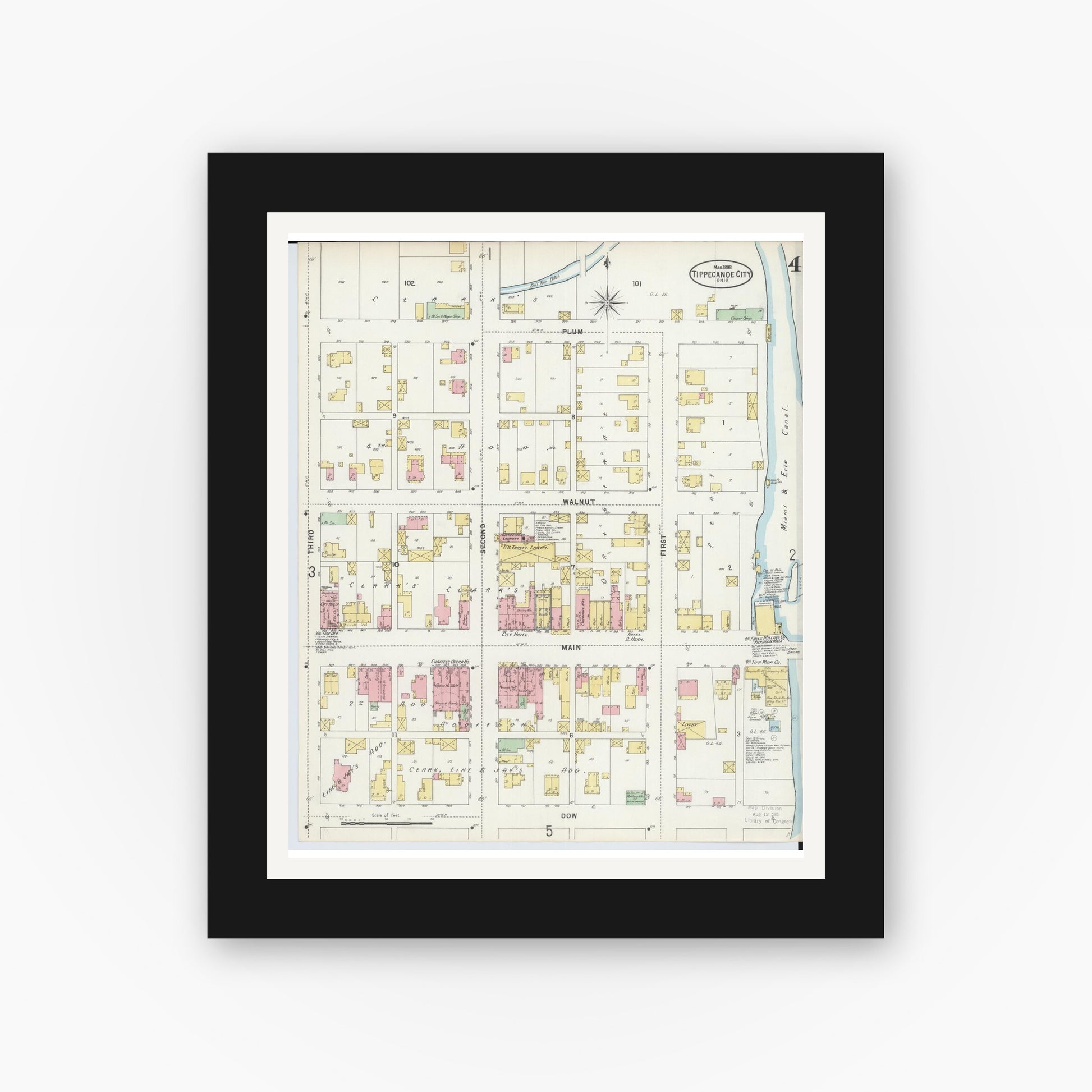 Old map wall art mockup — black gallery frame with white mat — Sanborn Fire Insurance Map from Tipp City, Miami County, Ohio (1898), Sheet #0004