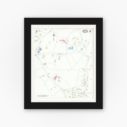 Old map wall art mockup — black gallery frame with white mat — Sanborn Fire Insurance Map from Weston, Middlesex County, Massachusetts (1929), Sheet #0003