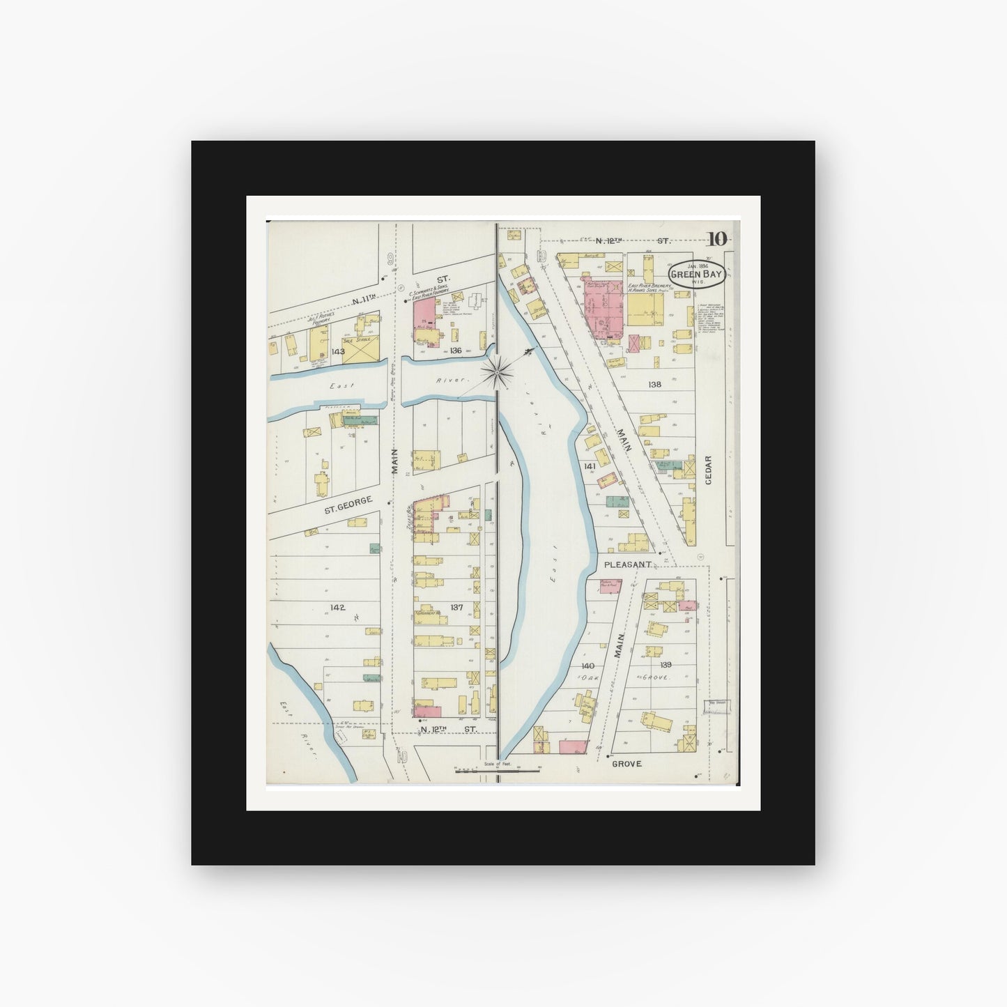 Old map wall art mockup — black gallery frame with white mat — Sanborn Fire Insurance Map from Green Bay, Brown County, Wisconsin (1894), Sheet #0010
