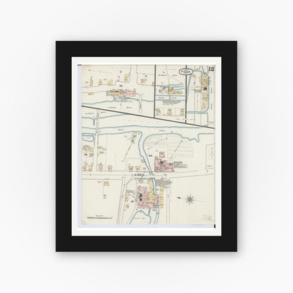 Old map wall art mockup — black gallery frame with white mat — Sanborn Fire Insurance Map from Piqua, Miami County, Ohio (1887), Sheet #0012