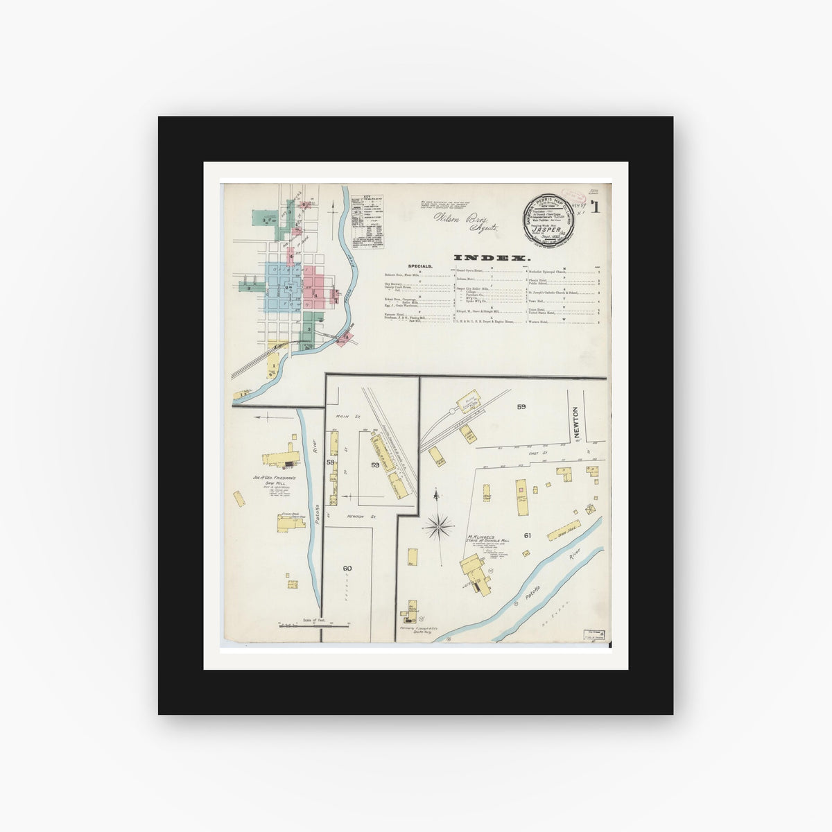 Old map wall art mockup — black gallery frame with white mat — Sanborn Fire Insurance Map from Jasper, Dubois County, Indiana (1892) - Complete Map Set