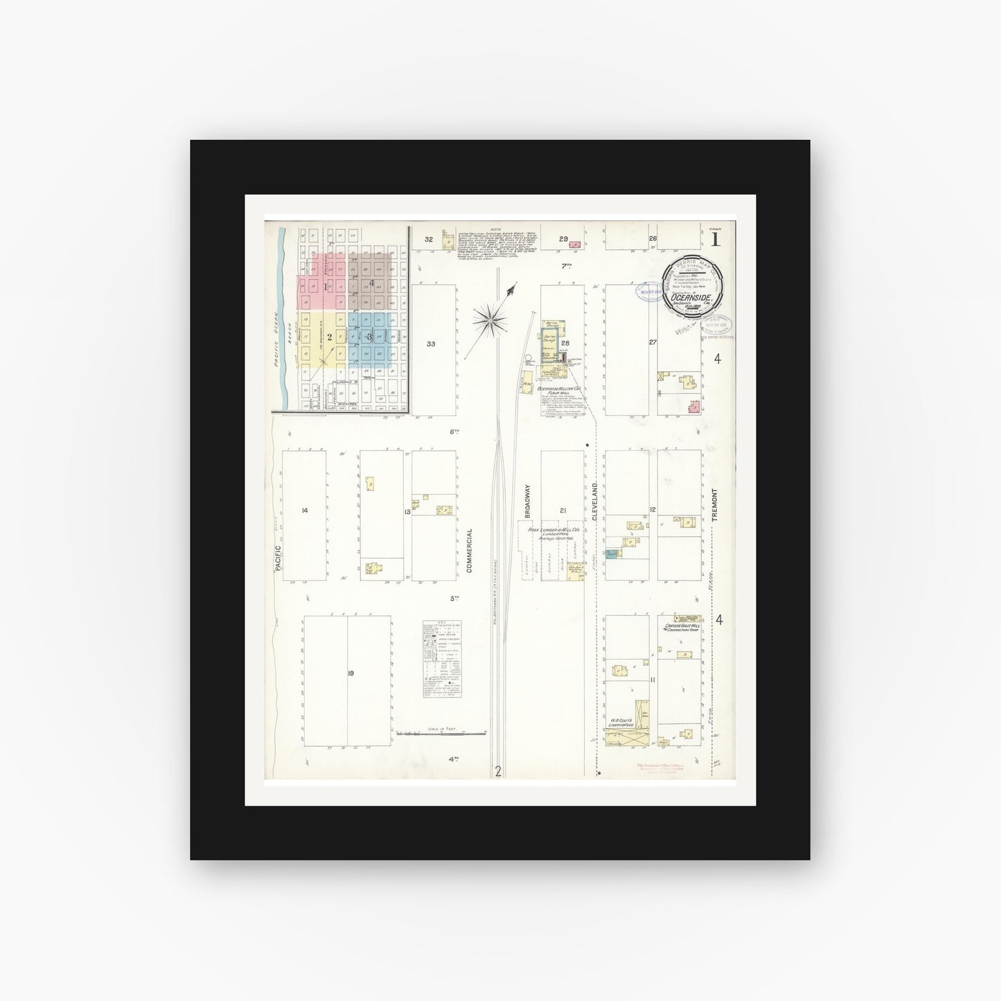 Old map wall art mockup — black gallery frame with white mat — Sanborn Fire Insurance Map from Oceanside, San Diego County, California (1897) - Complete Map Set