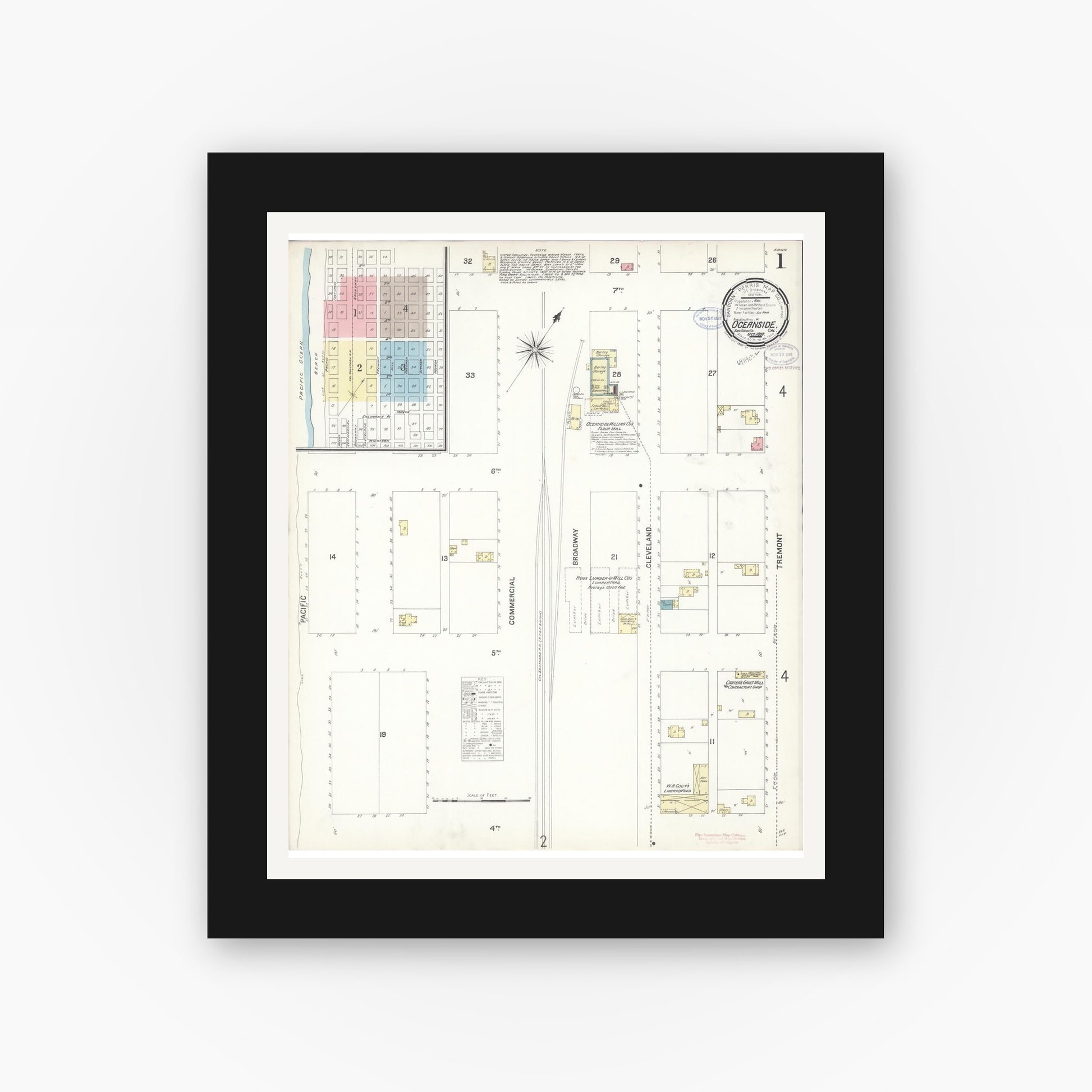 Old map wall art mockup — black gallery frame with white mat — Sanborn Fire Insurance Map from Oceanside, San Diego County, California (1897) - Complete Map Set