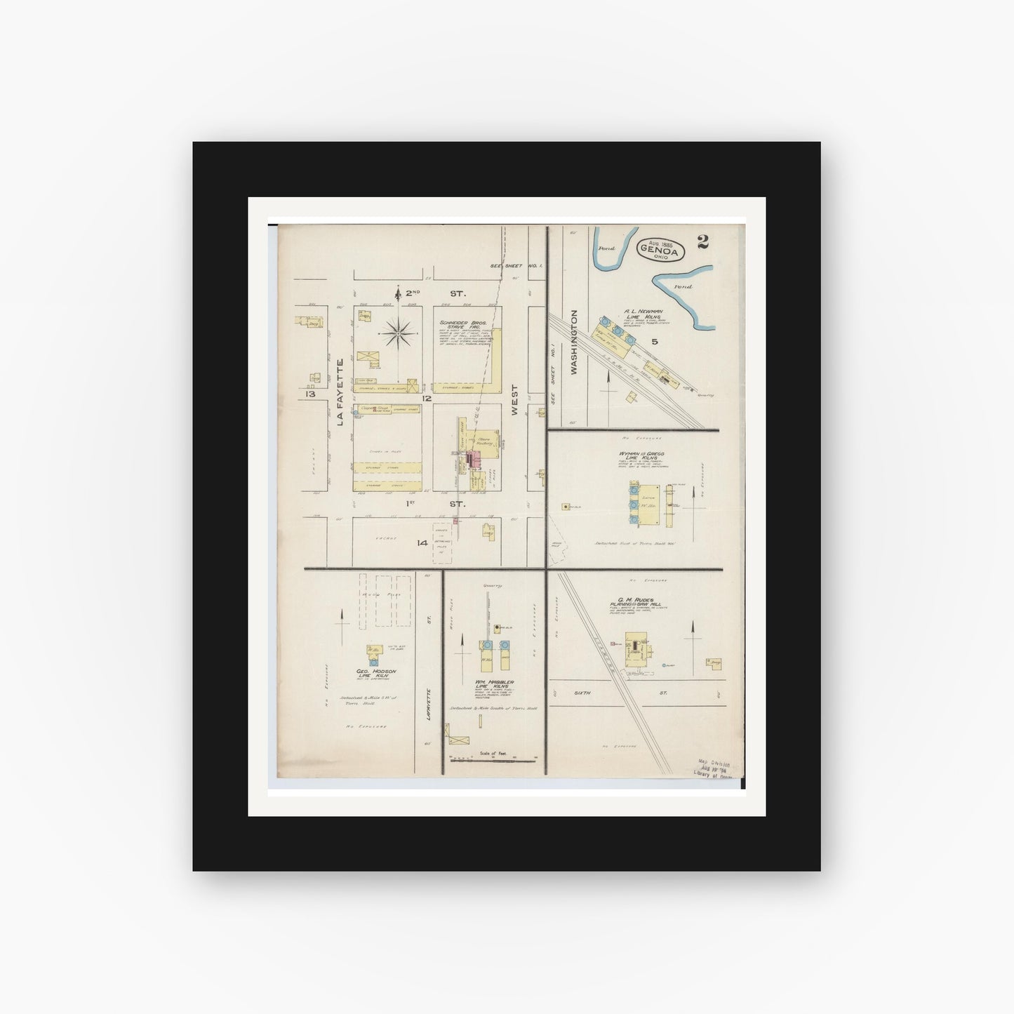 Old map wall art mockup — black gallery frame with white mat — Sanborn Fire Insurance Map from Genoa, Ottawa County, Ohio (1885), Sheet #0002