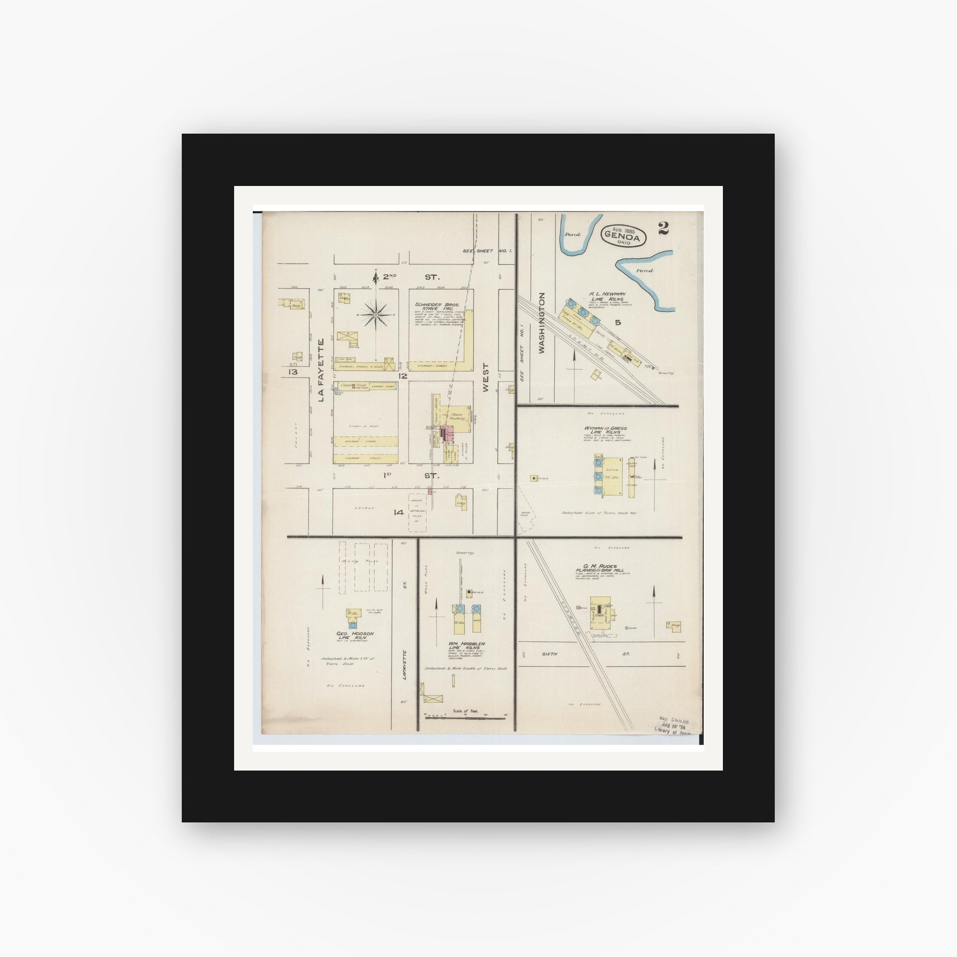 Old map wall art mockup — black gallery frame with white mat — Sanborn Fire Insurance Map from Genoa, Ottawa County, Ohio (1885), Sheet #0002