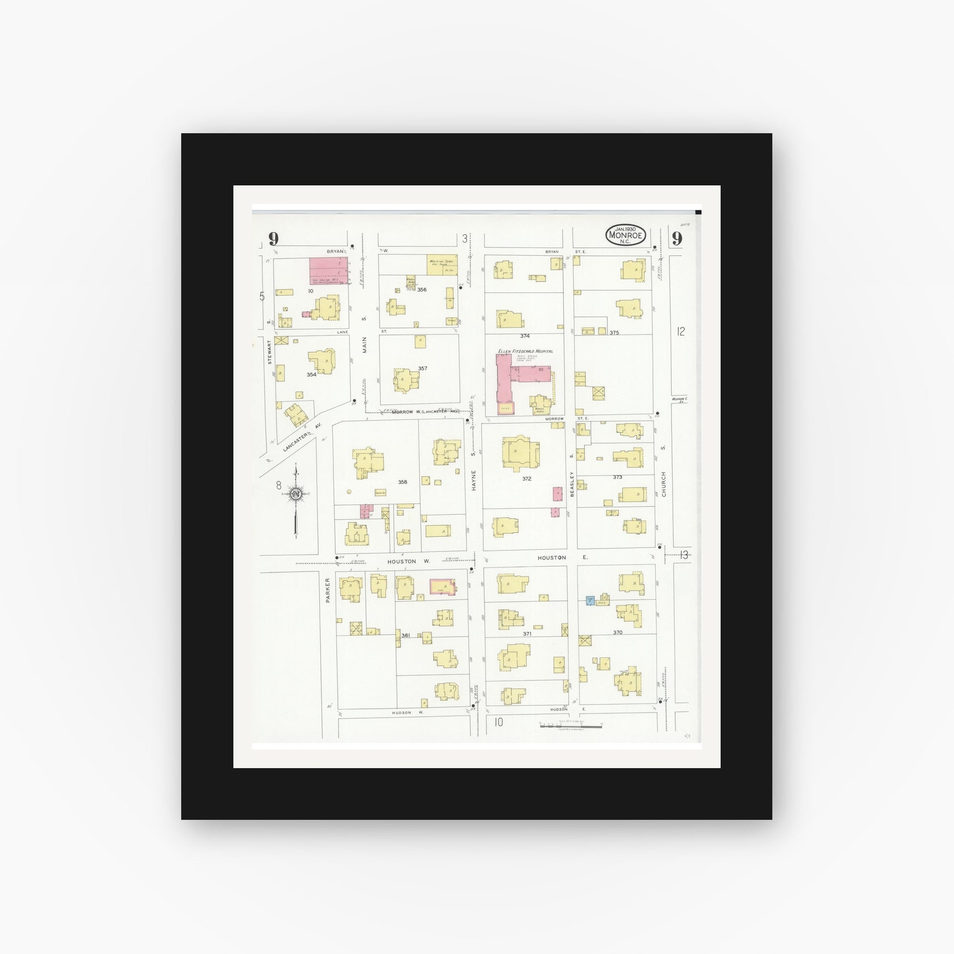 Old map wall art mockup — black gallery frame with white mat — Sanborn Fire Insurance Map from Monroe, Union County, North Carolina (1930), Sheet #0009