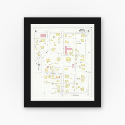 Old map wall art mockup — black gallery frame with white mat — Sanborn Fire Insurance Map from Monroe, Union County, North Carolina (1930), Sheet #0009