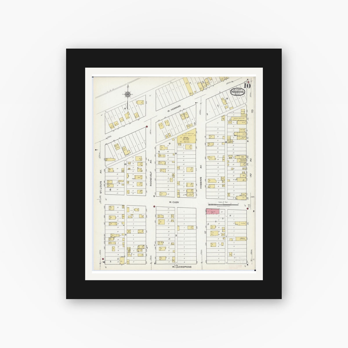 Old map wall art mockup — black gallery frame with white mat — Sanborn Fire Insurance Map from Hibbing, Saint Louis County, Minnesota (1921), Sheet #0010