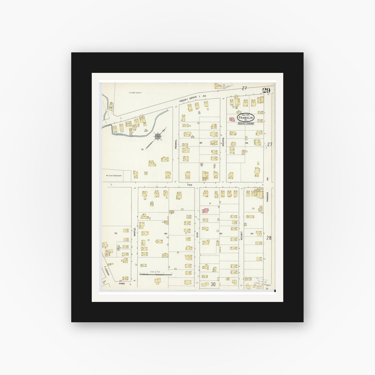 Old map wall art mockup — black gallery frame with white mat — Sanborn Fire Insurance Map from Franklin, Venango County, Pennsylvania (1912), Sheet #0029